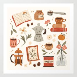 Gouache Books and Coffee Art Print