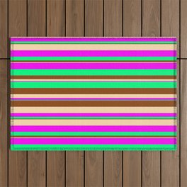 [ Thumbnail: Tan, Fuchsia, Green & Brown Colored Striped Pattern Outdoor Rug ]