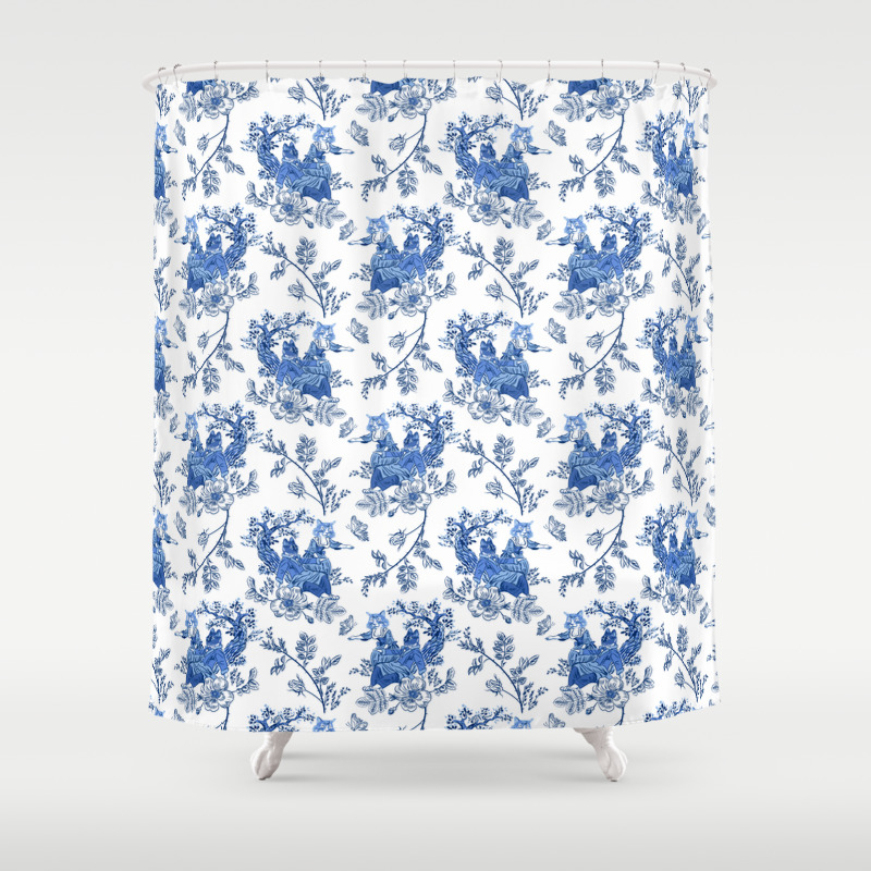 Kittyland Toile Shower Curtain By, Toile Shower Curtain Blue