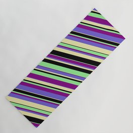 [ Thumbnail: Light Green, Purple, Slate Blue, Pale Goldenrod, and Black Colored Lines/Stripes Pattern Yoga Mat ]
