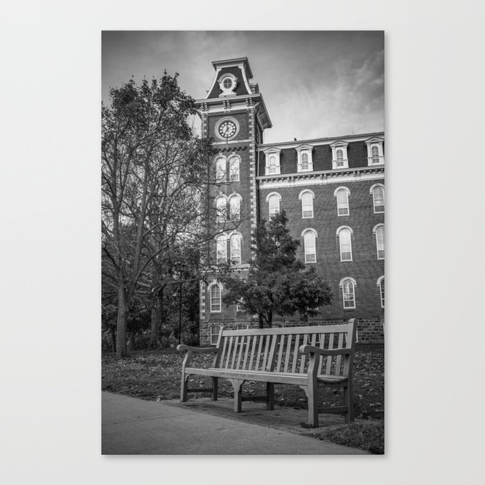 Razorback Campus Bench And Old Main - Black and White Canvas Print