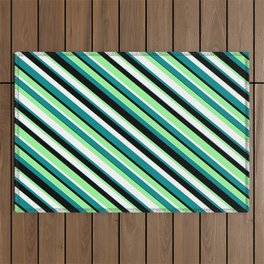 [ Thumbnail: Green, White, Dark Cyan & Black Colored Striped/Lined Pattern Outdoor Rug ]