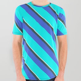 [ Thumbnail: Mint Cream, Dark Slate Gray, Royal Blue, and Aqua Colored Lines Pattern All Over Graphic Tee ]