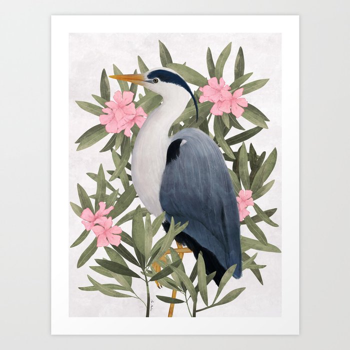 Gray heron and oleander plant - Art Print