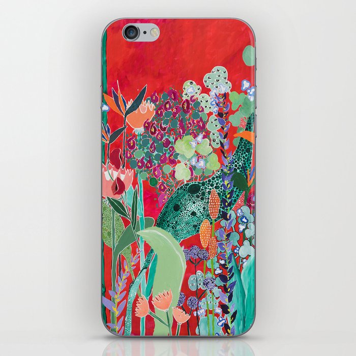 Floral Jungle on Red with Proteas, Eucalyptus and Birds of Paradise iPhone Skin