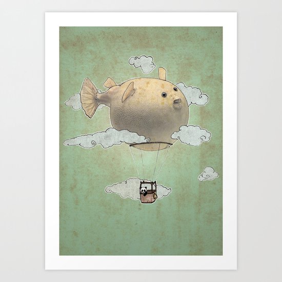 Panda fliying in a Blow fish. Art Print