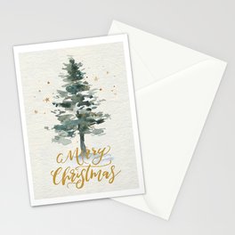 Merry Christmas Watercolor Fir Tree Modern Hand-Lettered Greetings Brush Script Stationery Card