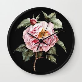 Wilting Pink Rose Watercolor on Charcoal Black Wall Clock