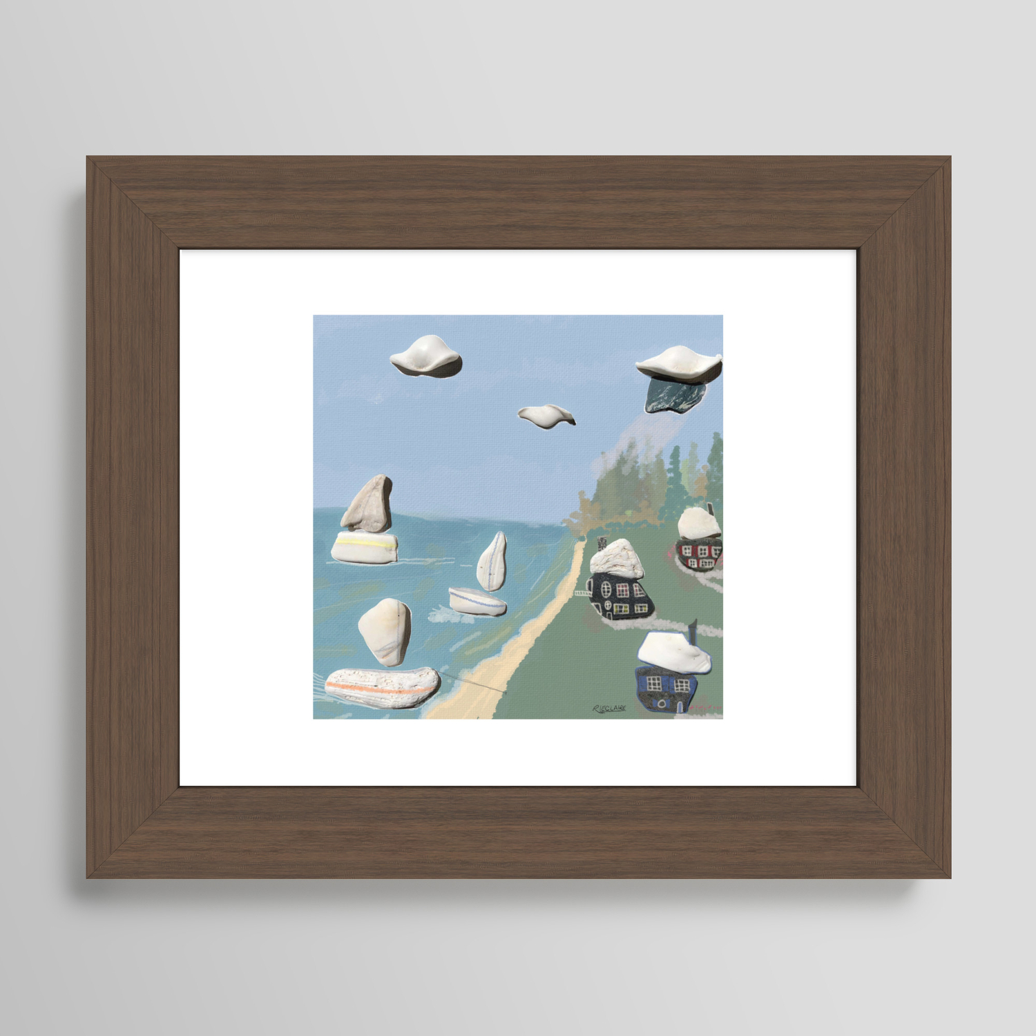 Pebble And Shell Coastal Art Watercolor Mixed Media Framed Art Print By Doubleten | Society6