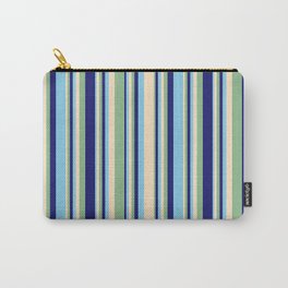 [ Thumbnail: Bisque, Dark Sea Green, Midnight Blue, and Sky Blue Colored Stripes Pattern Carry-All Pouch ]