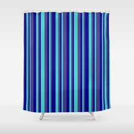 [ Thumbnail: Dark Blue, Dark Slate Blue & Turquoise Colored Pattern of Stripes Shower Curtain ]