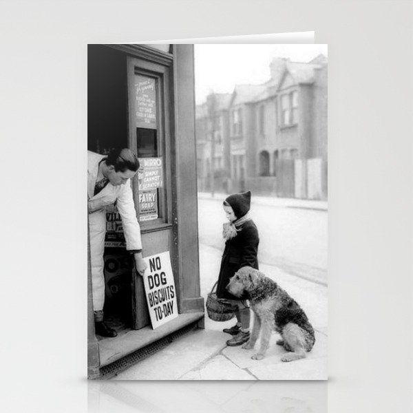 Vintage 'No Dog Biscuits Today' Humorous Little Girl, Dog, and Italian Market black and white photography / photograph Stationery Cards