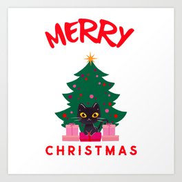 Cat Christmas Fir Tree Art Print