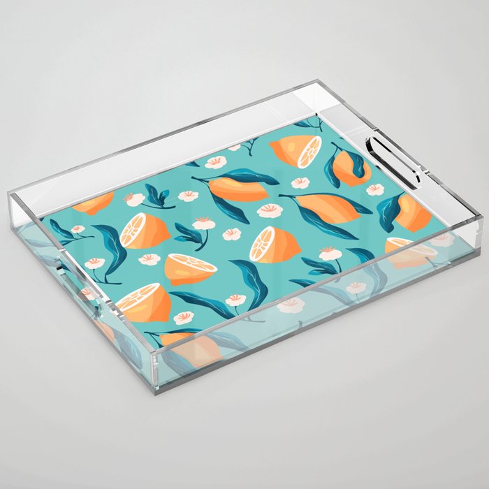Seamless pattern with hand drawn lemons on blue background VECTOR Acrylic Tray