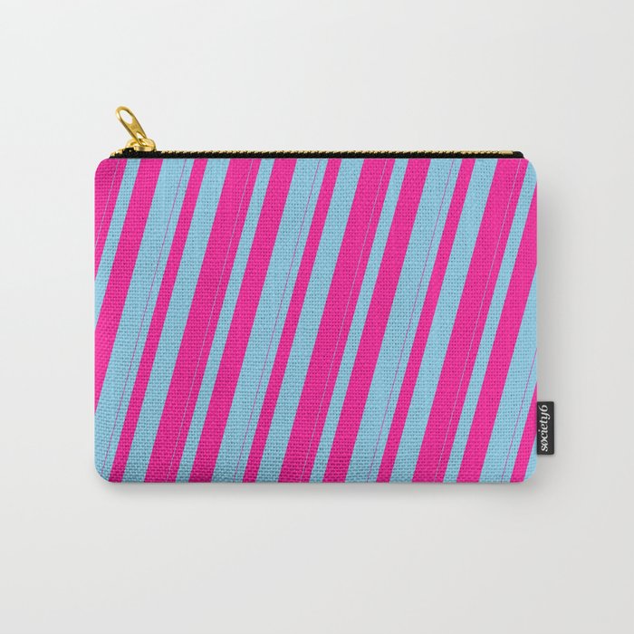 Sky Blue & Deep Pink Colored Striped Pattern Carry-All Pouch
