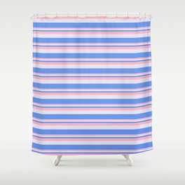 [ Thumbnail: Cornflower Blue, Light Pink & Lavender Colored Stripes Pattern Shower Curtain ]