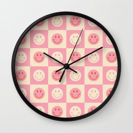 70s Retro Smiley Face Tile Pattern in Pink & Beige Wall Clock | Checkered, 1970S, Face, Trippy, Curated, Graphicdesign, 1960S, 60S, Smile, Seventies 