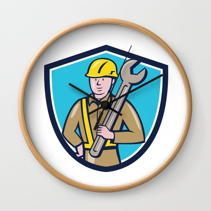 Construction Worker Spanner Shield Cartoon Wall Clock