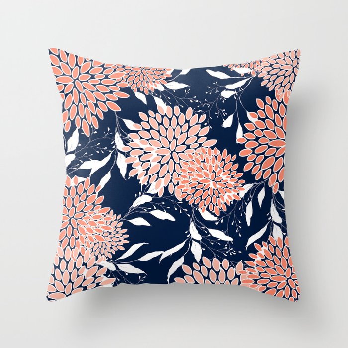 Floral Blooms and Leaves, Navy, Coral and White Throw Pillow