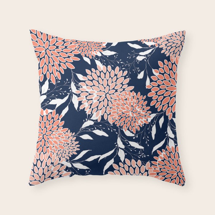 Floral Blooms and Leaves, Navy, Coral and White Throw Pillow by Megan ...