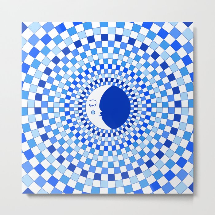 Checkered Moon with Blue Rays Metal Print