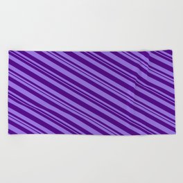 [ Thumbnail: Purple and Indigo Colored Lined/Striped Pattern Beach Towel ]