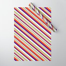 [ Thumbnail: Eye-catching Dark Khaki, Light Gray, Red, Indigo, and Mint Cream Colored Striped Pattern Wrapping Paper ]