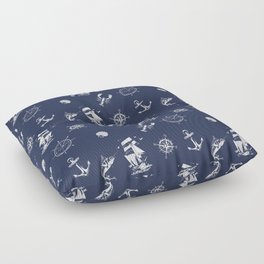 Navy Blue And White Silhouettes Of Vintage Nautical Pattern Floor Pillow