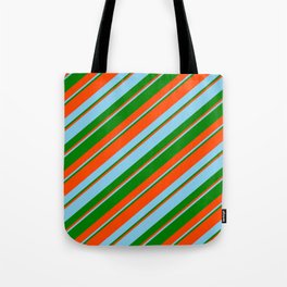 [ Thumbnail: Red, Sky Blue, and Green Colored Stripes/Lines Pattern Tote Bag ]