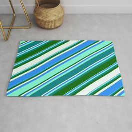 [ Thumbnail: Colorful Blue, Aquamarine, Teal, Dark Green, and Mint Cream Colored Lines/Stripes Pattern Rug ]