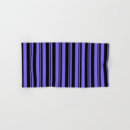 [ Thumbnail: Black & Medium Slate Blue Colored Lines Pattern Hand & Bath Towel ]