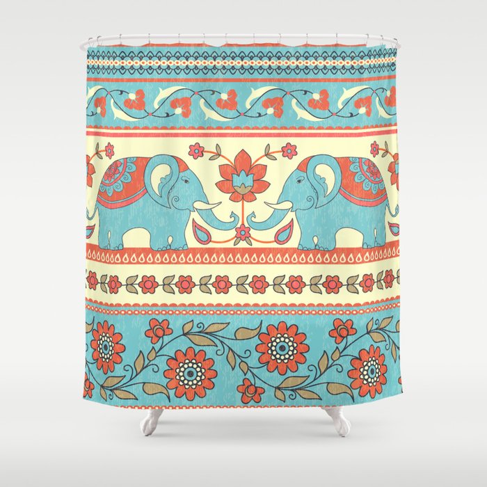 Elephants and flowers, striped seamless pattern in ethnic style  Shower Curtain