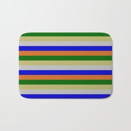 [ Thumbnail: Vibrant Dark Khaki, Grey, Blue, Chocolate, and Dark Green Striped/Lined Pattern Bath Mat ]