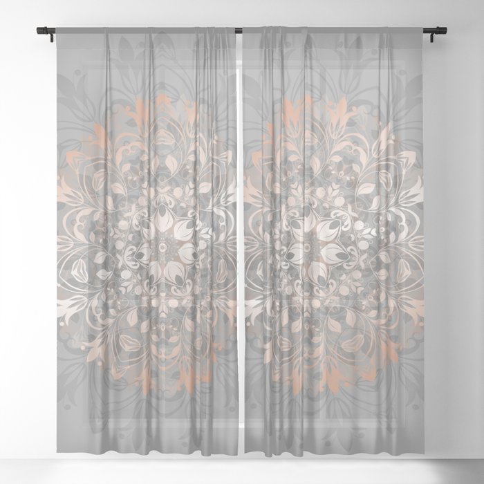 Rose Gold Gray Floral Mandala Sheer Curtain