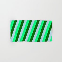 [ Thumbnail: Light Blue, Green, and Dark Green Colored Pattern of Stripes Hand & Bath Towel ]