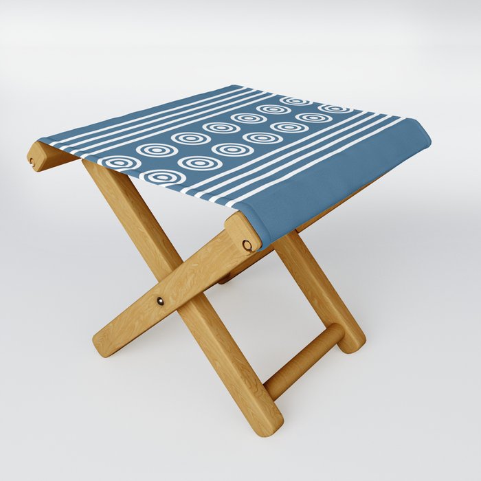 Geometric Stripes & Circles - White on Blue Folding Stool