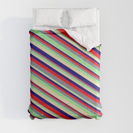 [ Thumbnail: Tan, Blue, Red, Light Slate Gray, and Light Green Colored Stripes/Lines Pattern Comforter ]