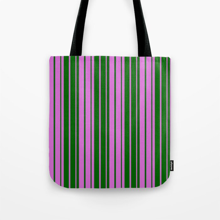 Orchid & Dark Green Colored Striped Pattern Tote Bag