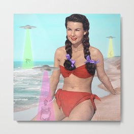 Abductions on the Beach Metal Print | Sci-Fi, 1950S, Futuristic, Retrofuturism, Vintage, Aliens, Extraterrestrial, Alien, Abductions, Sea 