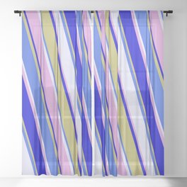 [ Thumbnail: Vibrant Royal Blue, Lavender, Plum, Blue, and Dark Khaki Colored Lined/Striped Pattern Sheer Curtain ]