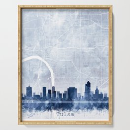 Tulsa Skyline & Map Watercolor Navy Blue, Print by Zouzounio Art Serving Tray