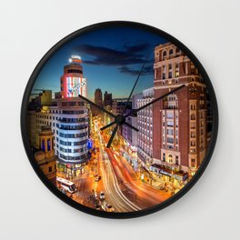 Spain Photography - Downtown Madrid Lit Up In The Night Wall Clock