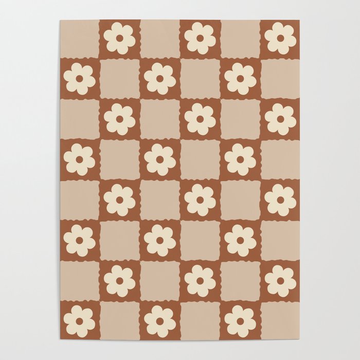 Retro Flower Checker in Brown Poster