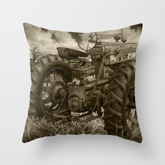 Abandoned Old Farmall Tractor in Sepia Tone Throw Pillow