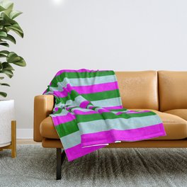 [ Thumbnail: Fuchsia, Green, and Powder Blue Colored Lines/Stripes Pattern Throw Blanket ]