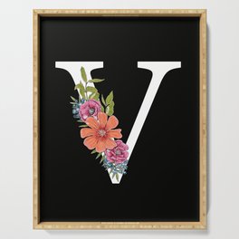 Monogram Letter V with Flowers Black background Serving Tray