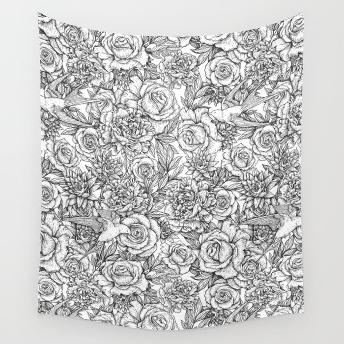 Flowers & Swallows Wall Tapestry