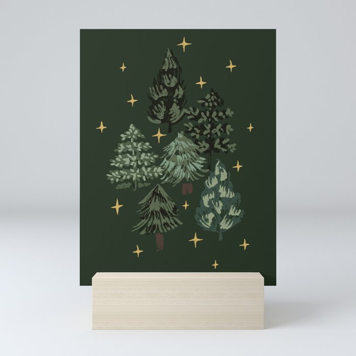 Starry night pine trees christmas pattern Mini Art Print