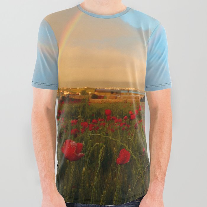 Red poppy fields of Tuscany with rainbow after storm color photographic art print photography / photography for kitchen, dining room, home and wall decor All Over Graphic Tee