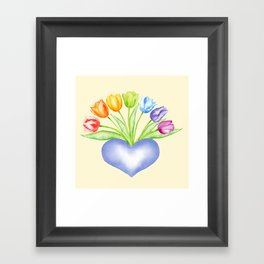 Rainbow Tulips with Heart, Yellow Background Framed Art Print